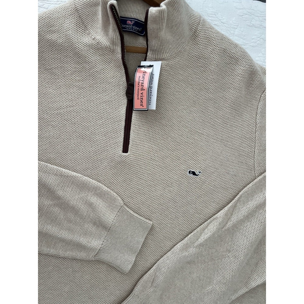 Vineyard Vines Sweater Mens XXL Tan Waffle Knit 1/4 Zip Pullover Cotton NWT 2XL